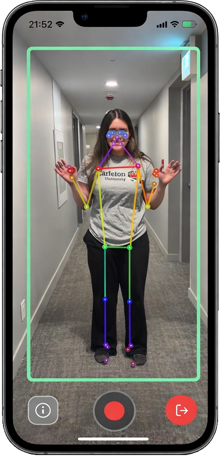 Movealytics mobile capture view showing a patient assessment with pose overlay.